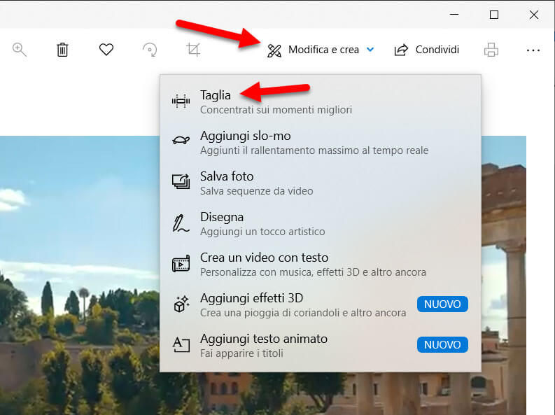 tagliare video windows 10 app foto