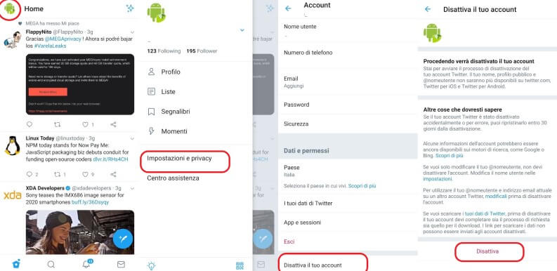 Eliminare account twitter da android o ios