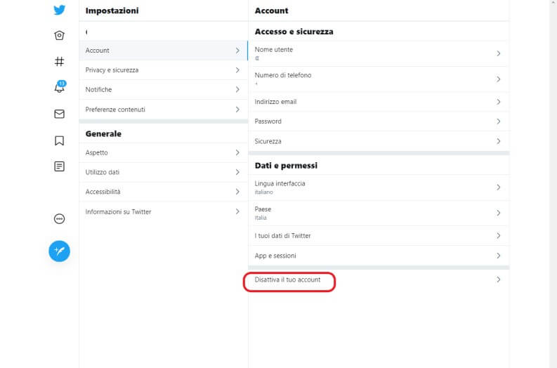 Eliminare account twitter desktop