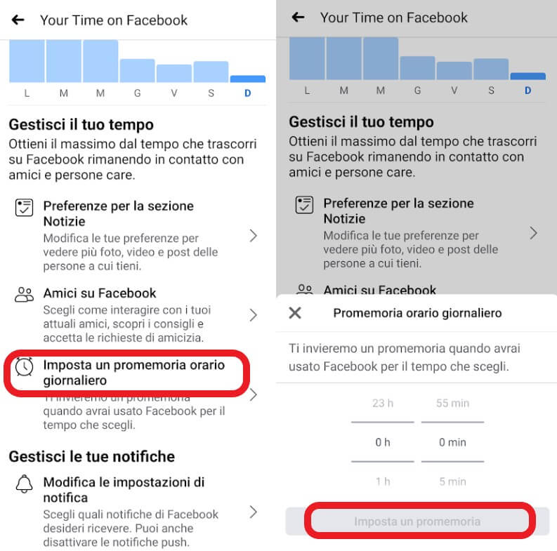 Limita il tempo trascorso su Facebook: imposta un promemoria