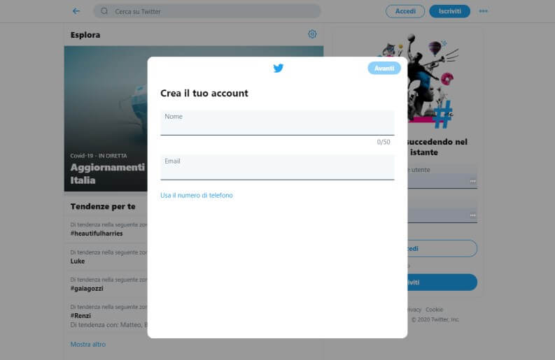 Iscrizione a Twitter