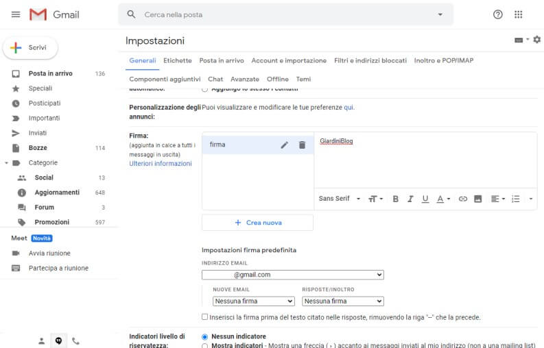 inserire aggiungere firma su gmail