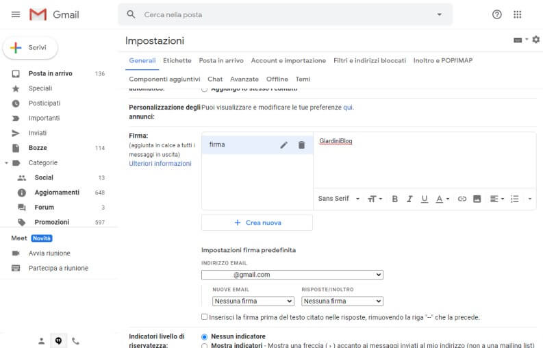 inserire aggiungere firma su gmail
