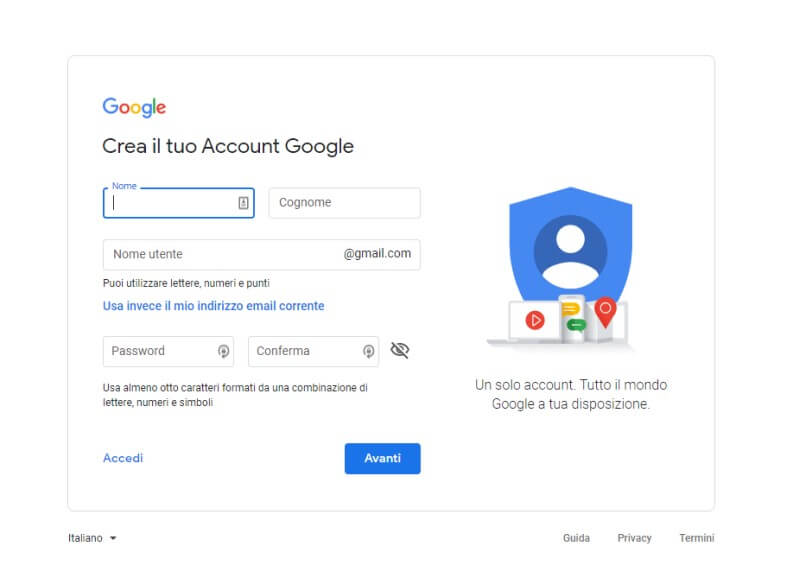 Creare account Google su Web