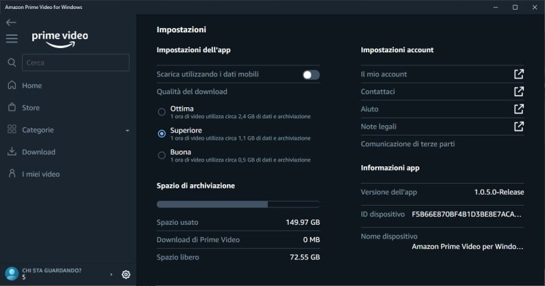 impostazioni prime video pc