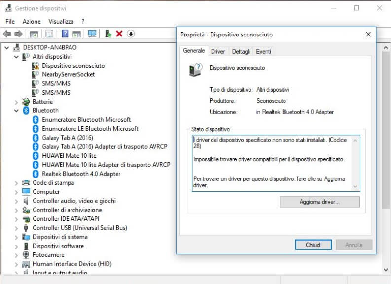 Dispositivo sconosciuto, trovare driver manualmente