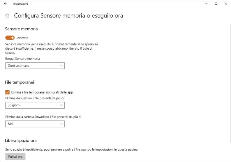 Sensore di memoria Windows 10