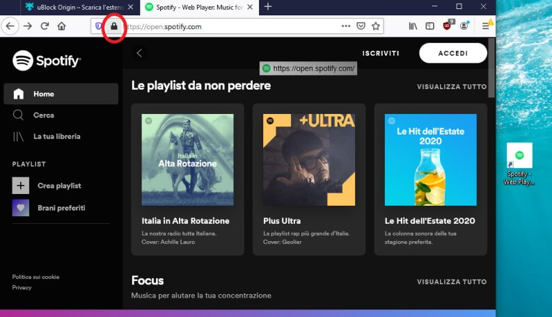 Aggiungere un collegamento desktop a Spotify Web Player