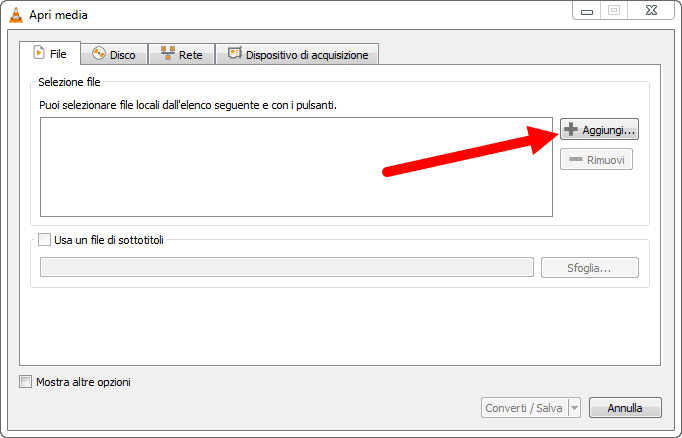 aggiungi file vlc