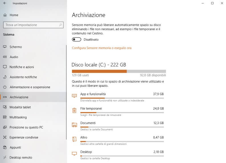 Archiviazione Eliminare file temporanei Windows 10