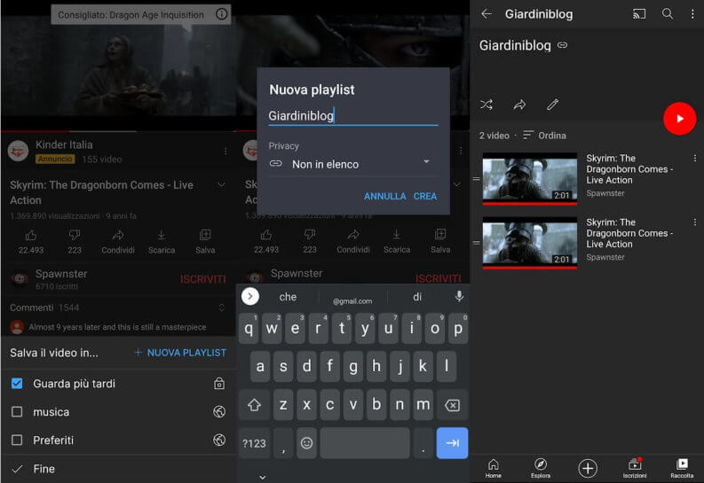 Creare una playlist sull'app di YouTube su mobile