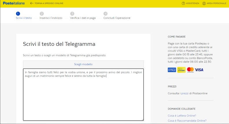 Scrivi il testo del telegramma per l'invio online