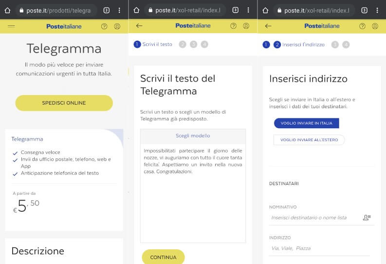 Inviare un telegramma tramite l'app mobile di Poste