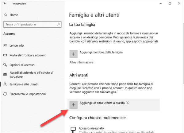 aggiungi utente Windows 10