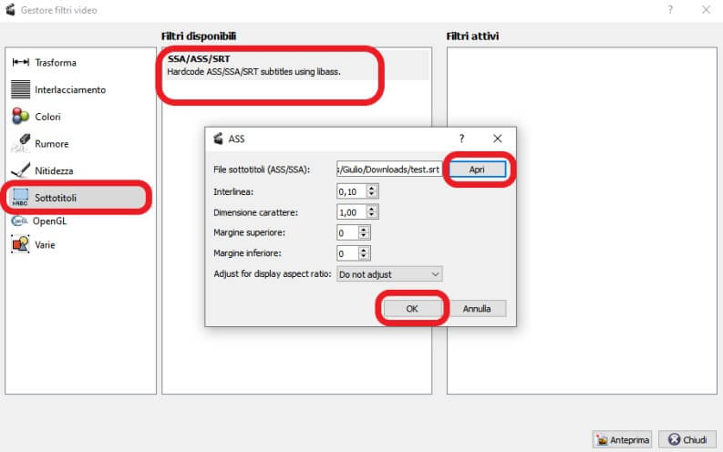 filtri disponibili per utilizzare i sottotitoli in un video