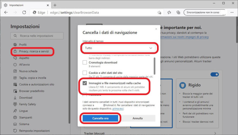 Cancellare la cache del browser su Edge