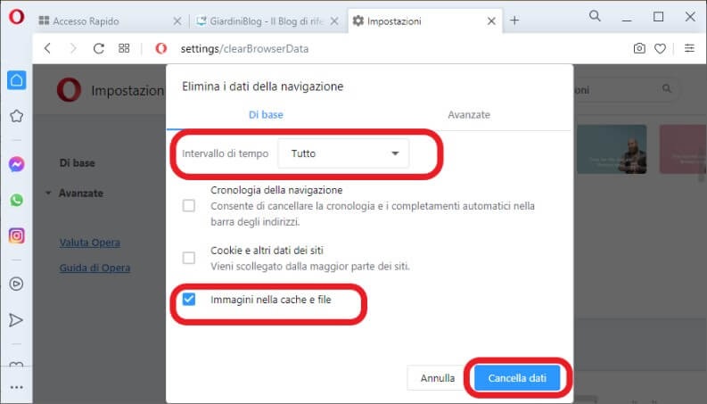 Cancellare la cache su Opera