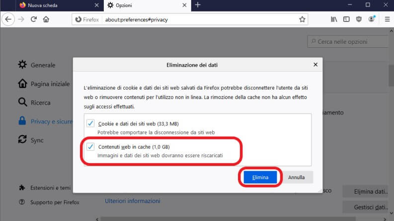 Eliminare la cache su Firefox