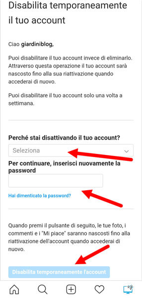 disabilita temporaneamente account instagram