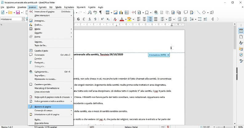 Numerare le pagine su Writer di LibreOffice