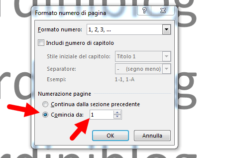 numera pagine word comincia da
