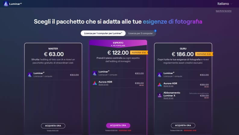 I pacchetti prezzi Luminar AI