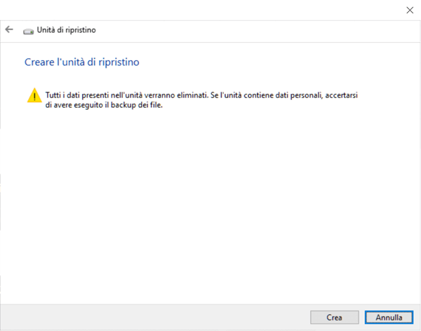 Avviso Prima Di Creare Unita Di Ripristino