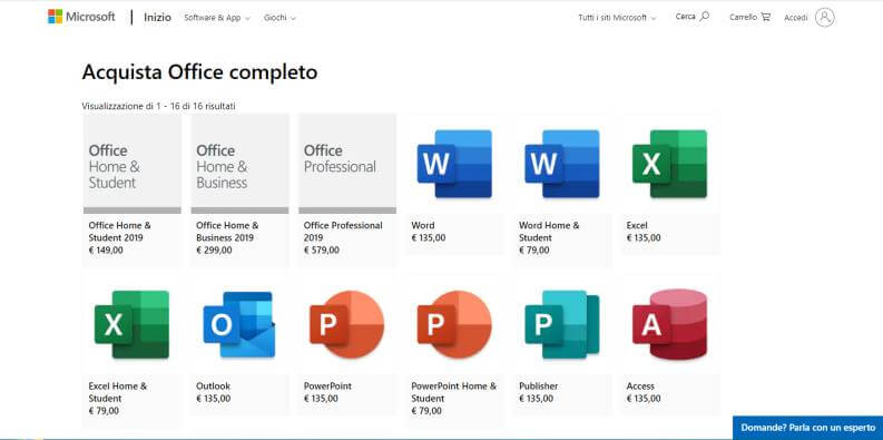 Prezzi ufficiali di acquisto Microsoft Office dal Microsoft Store