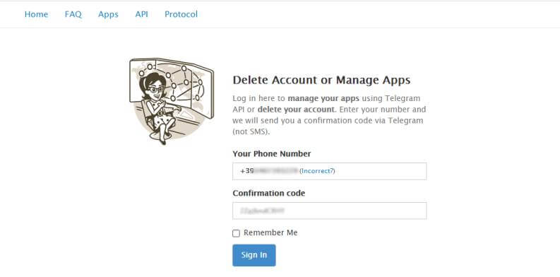 procedura per eliminare account di Telegram