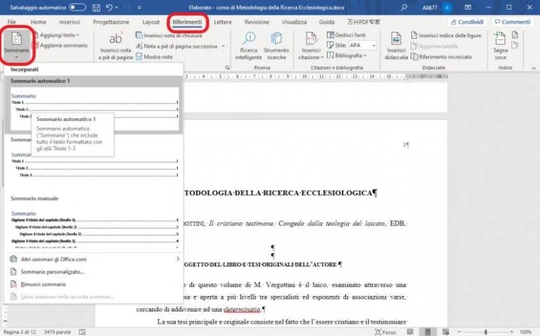 Inserire Indice Word
