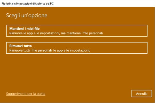 reimpostazione windows 10