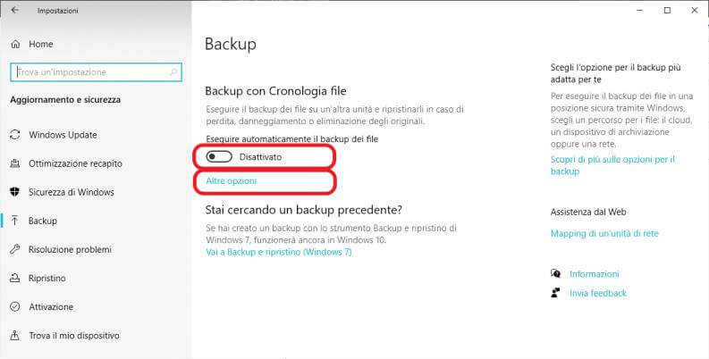 Fare backup su Windows 10