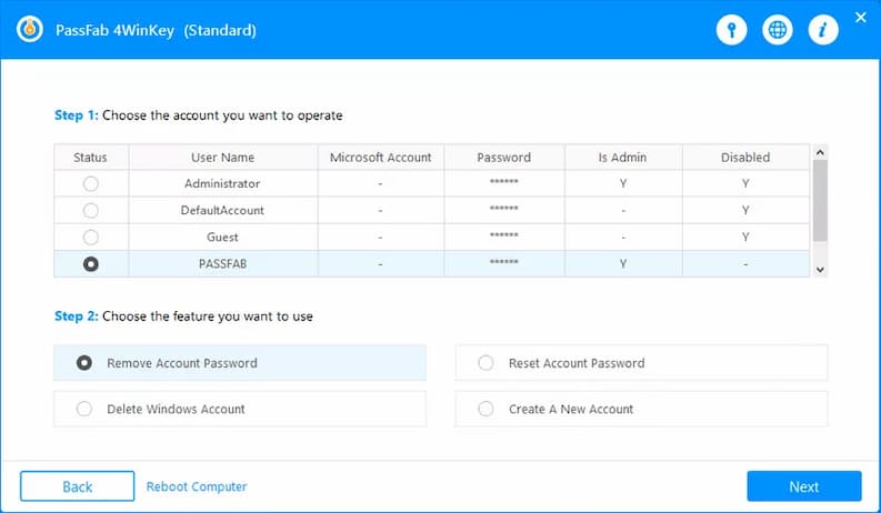 Rimozione Account Password PassFab 4Winkey