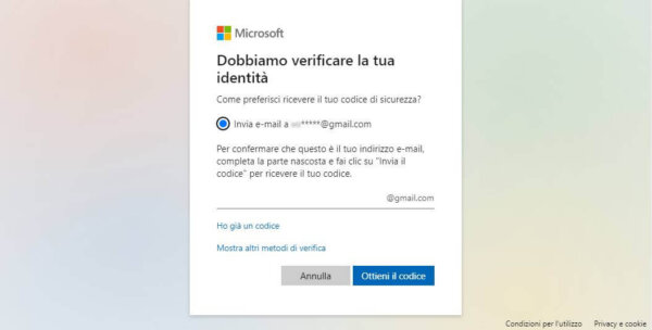 ottieni codice per recupero password