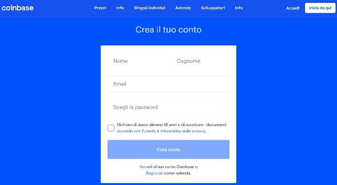 Registrazione Account Coinbase