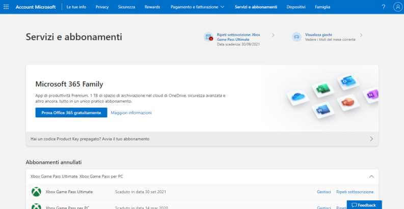 Sottoscrizioni Account Microsoft