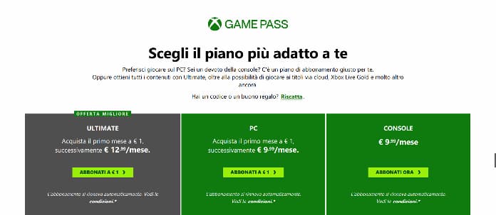 Xbox Game Pass Piani di Abbonamento