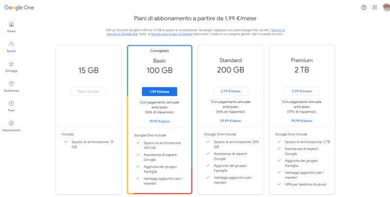 Google One Piani abbonamento