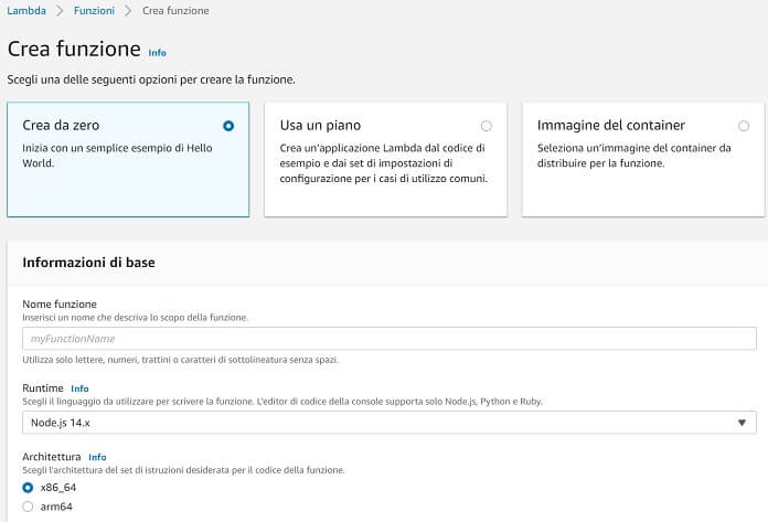 Crea Funzione Lambda Su Aws