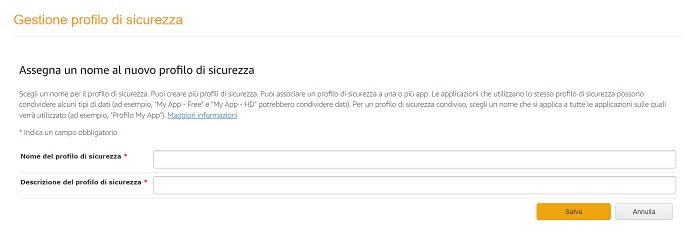 Crea Profilo Sicurezza Amazon Developer