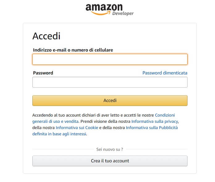 Iscrizione Account Amazon Developer