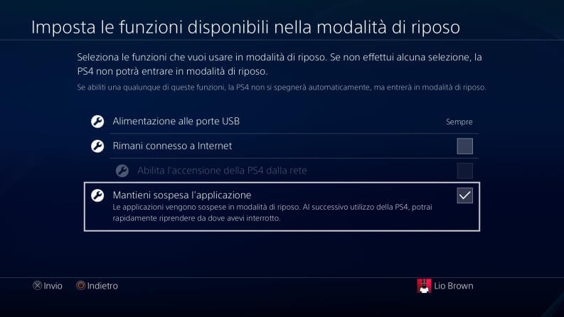 Modifica PS4 modalità riposo