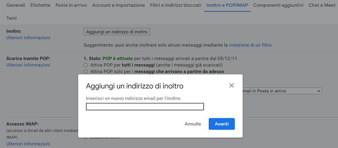 Aggiungere Indirizzo Inoltro Gmail