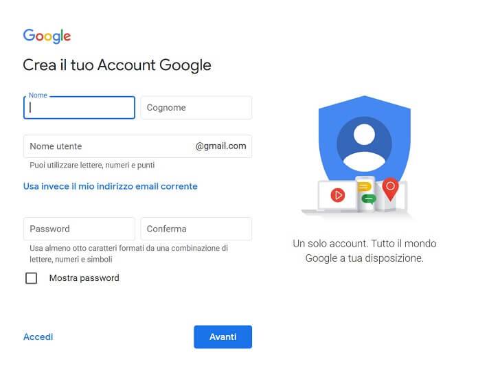 cambiare indirizzo Gmail Creando un nuovo Account Google