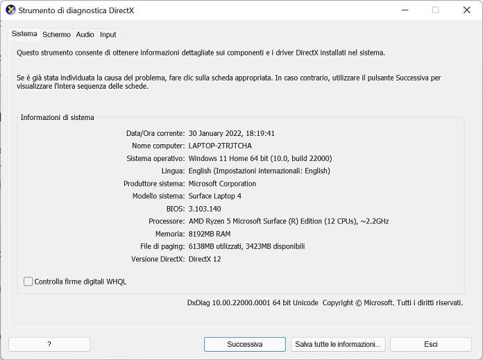 Informazioni Sistema Windows 11 Directx