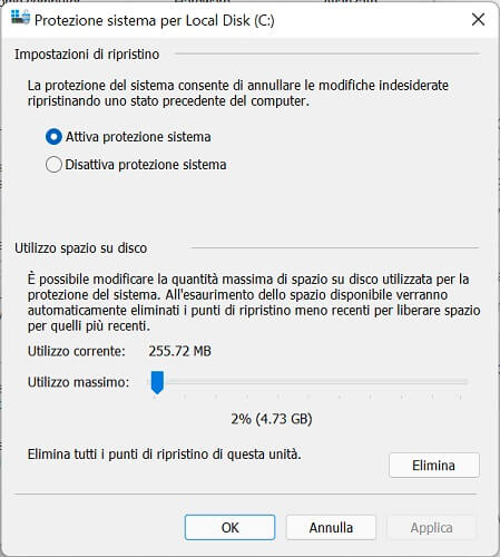 Attiva Protezione Sistema Windows 11