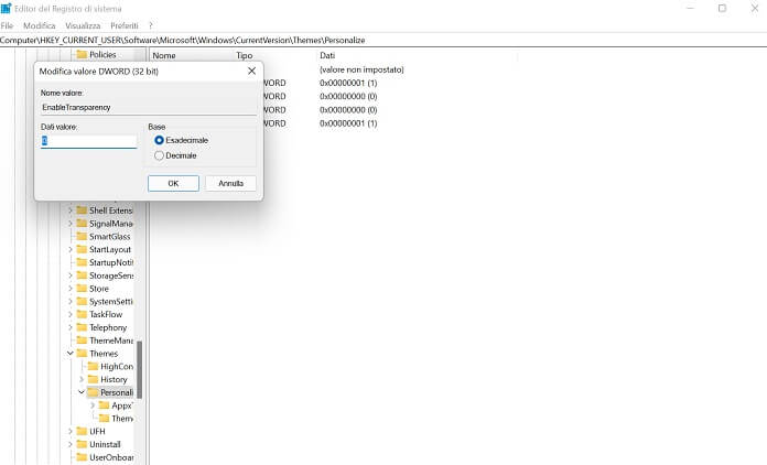 Disattivare Effetti Di Trasparenza Windows 11 dal Registro di Windows
