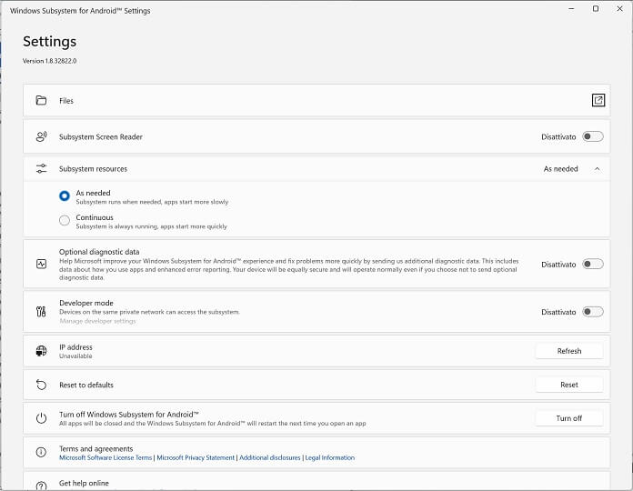 Windows Subsystem For Android Impostazioni