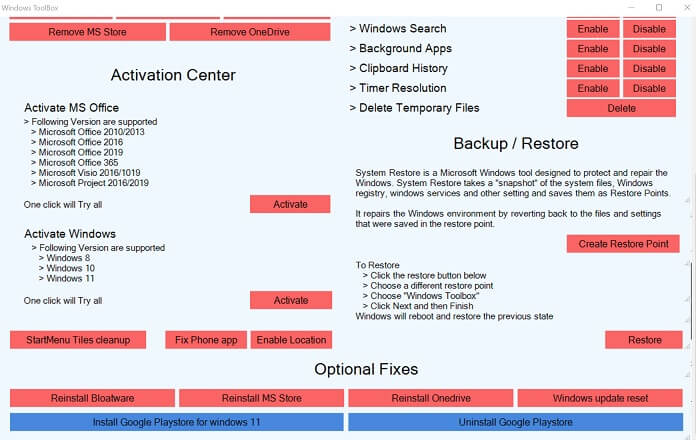 Windows Toolbox Schermata Iniziale