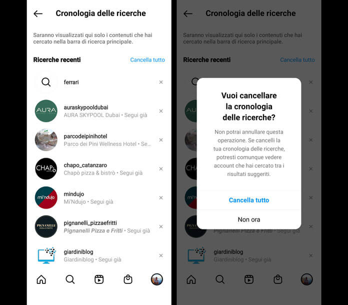 Attivita Instagram Cronologia Ricerche